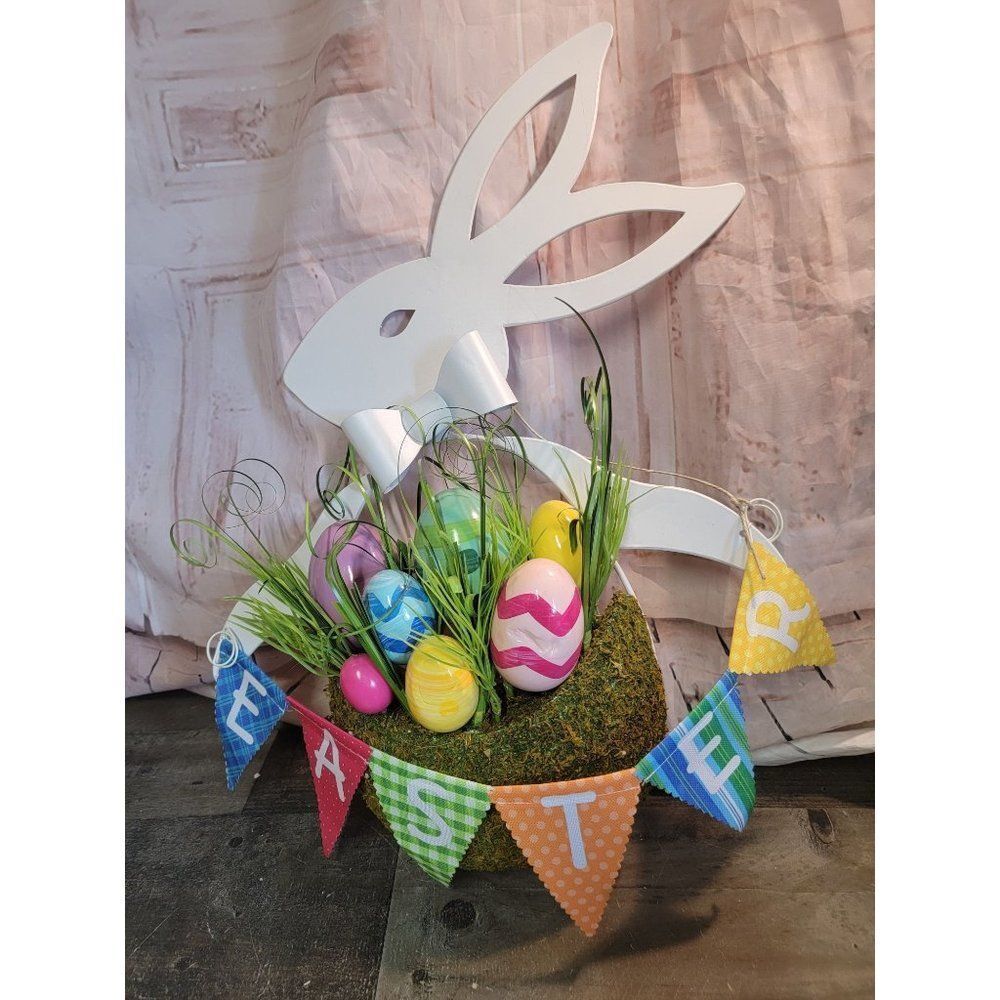 White easter‎ bunny egg grass sign decor spring bow